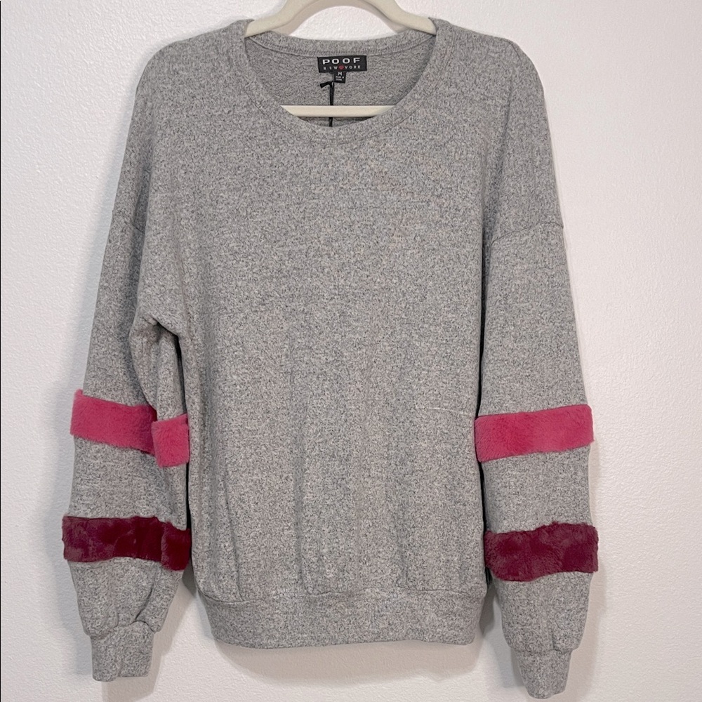 Poof! Gray Sweater with Pink and Burgundy Fuzzy Stripes Size Medium PTP 23”-26”
